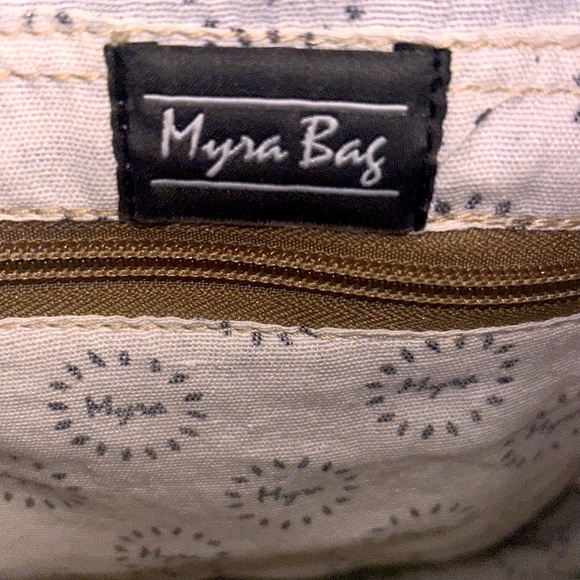 MYRA🌻BAG BOHO Blue Floral Canvas Navy Denim💙Brown LEATHER Handles & Accents - Picture 3 of 16